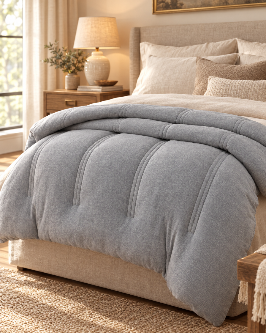 Lamb Cashmere Weighted Blanket on a made bed in a cozy bedroom