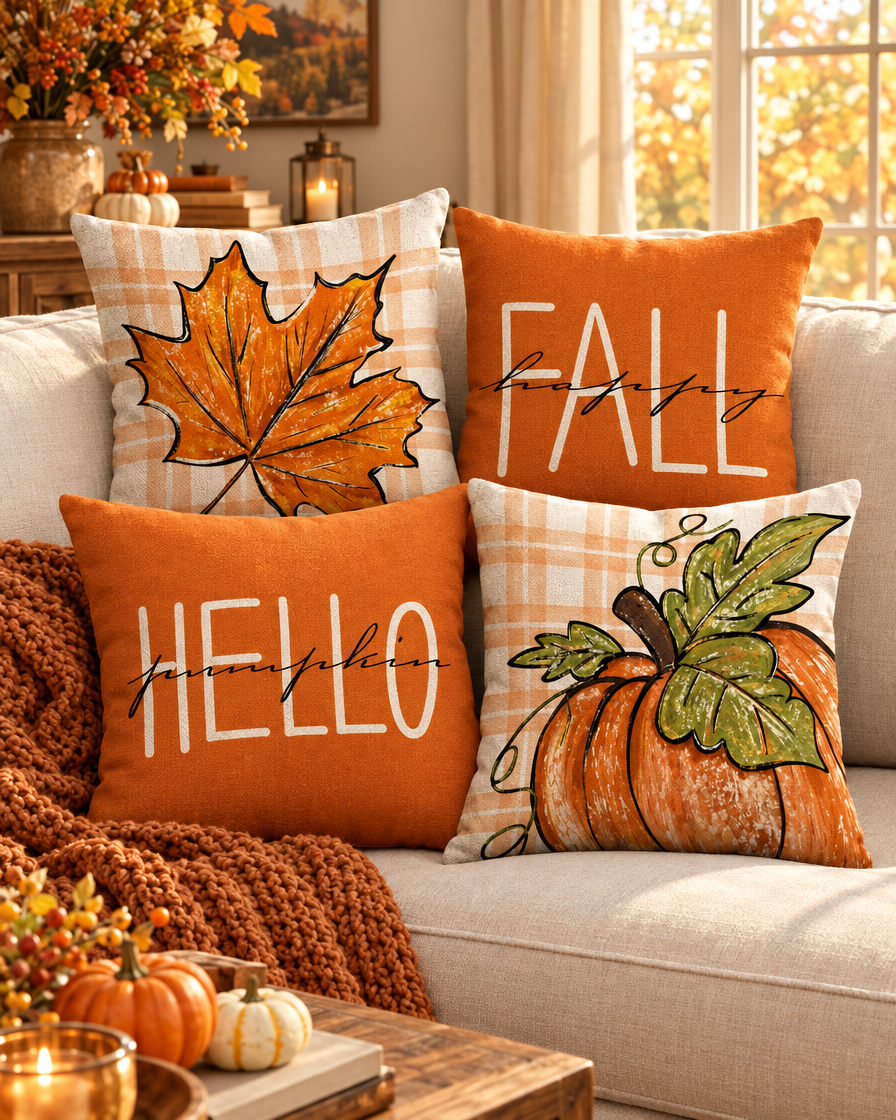 Pumpkin Stripe Pillow Cover Set styled on a sofa