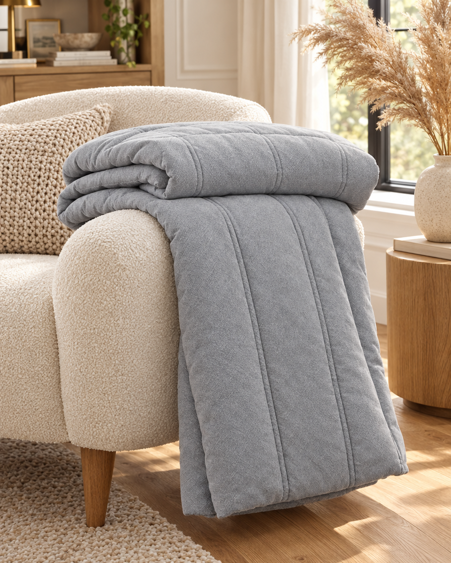 Lamb Cashmere Weighted Blanket draped over an armchair