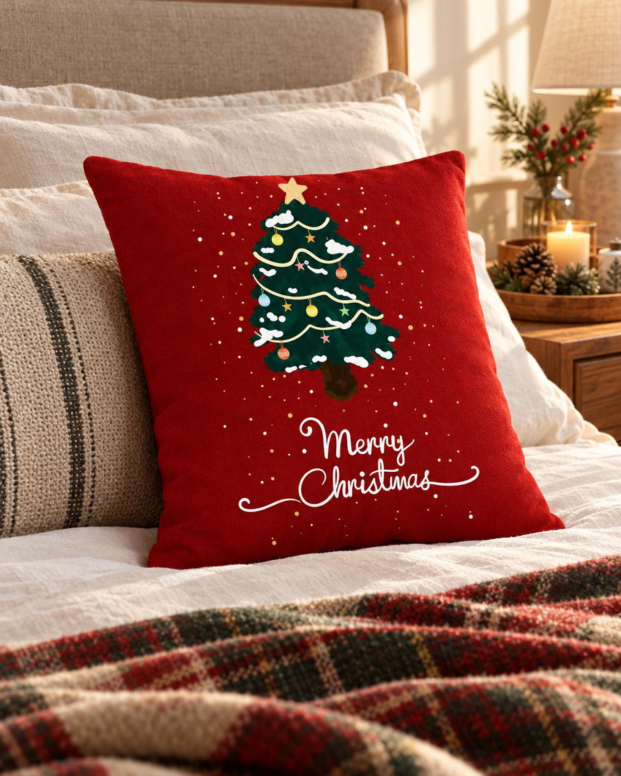 Elegant Rectangle Christmas Pillowcase on a made bed