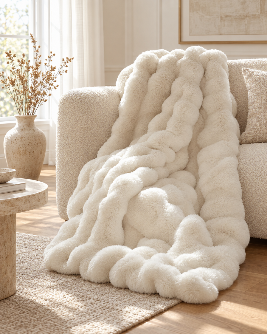 Cozy Faux Rabbit Fleece Blanket on a boucle sofa