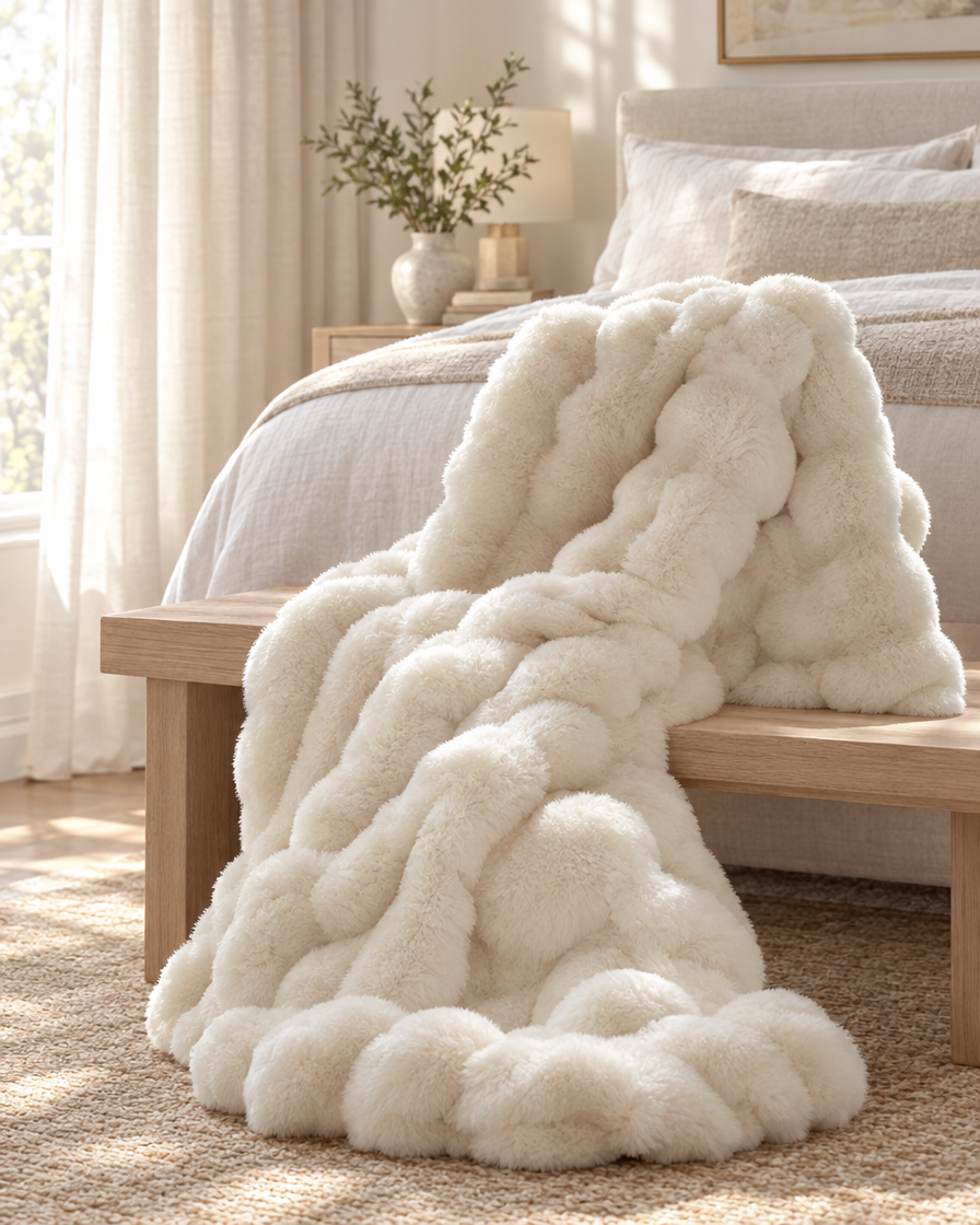 Cozy Faux Rabbit Fleece Blanket on a bench in a bedroom
