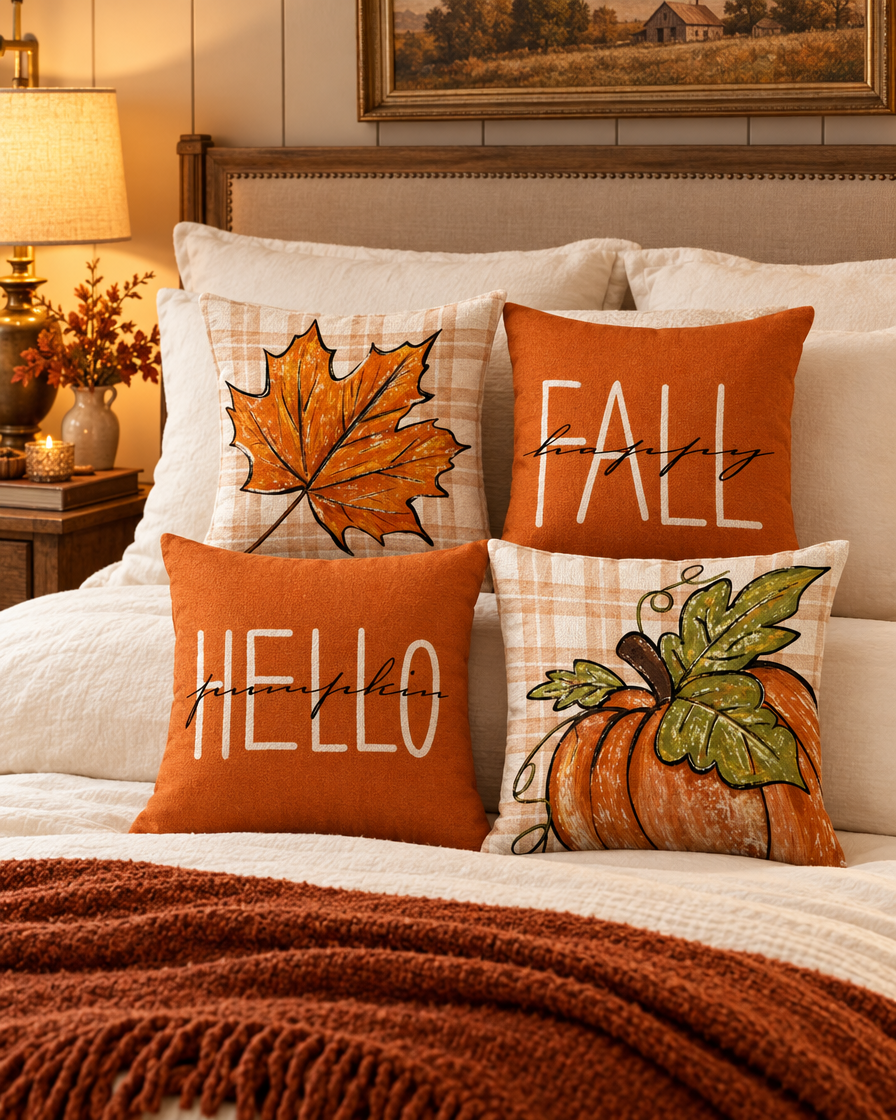 Pumpkin Stripe Pillow Cover Set on a bed