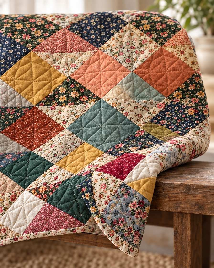 Geometric Patchwork Floral Quilt close-up detail
