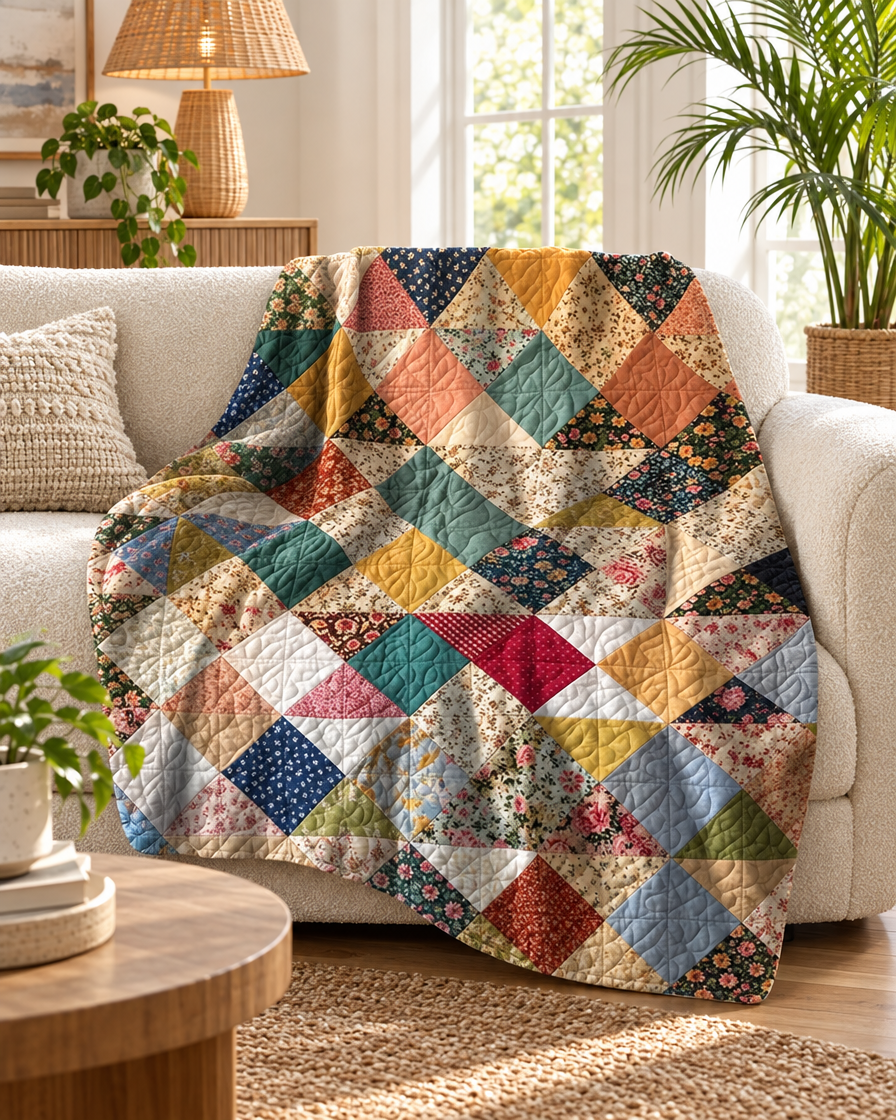 Geometric Patchwork Floral Quilt in a cozy room