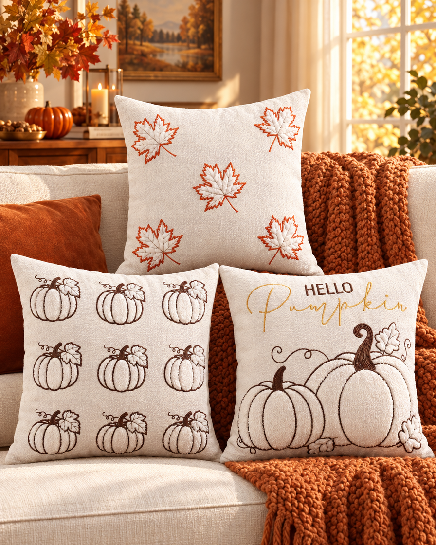 Pumpkin Maple Leaf Chenille Pillow styled on a sofa