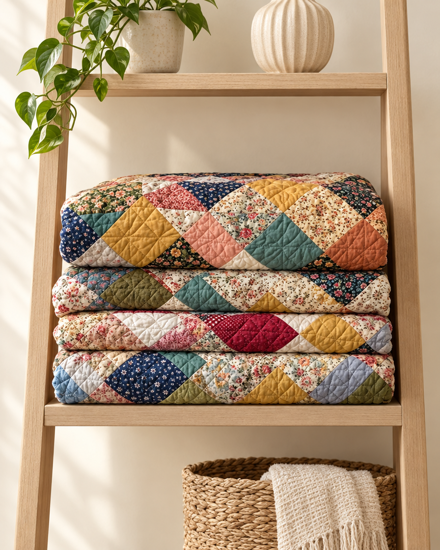 Geometric Patchwork Floral Quilt studio shot