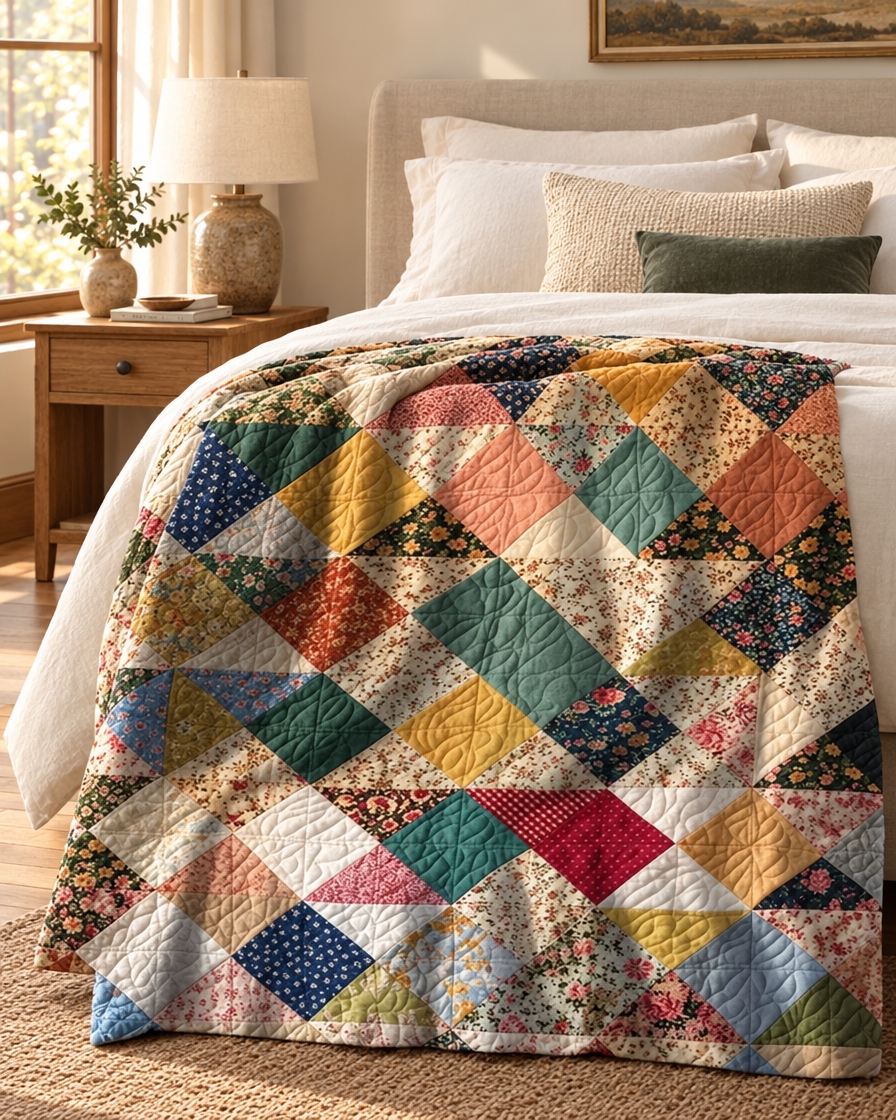 Geometric Patchwork Floral Quilt styled on a bed