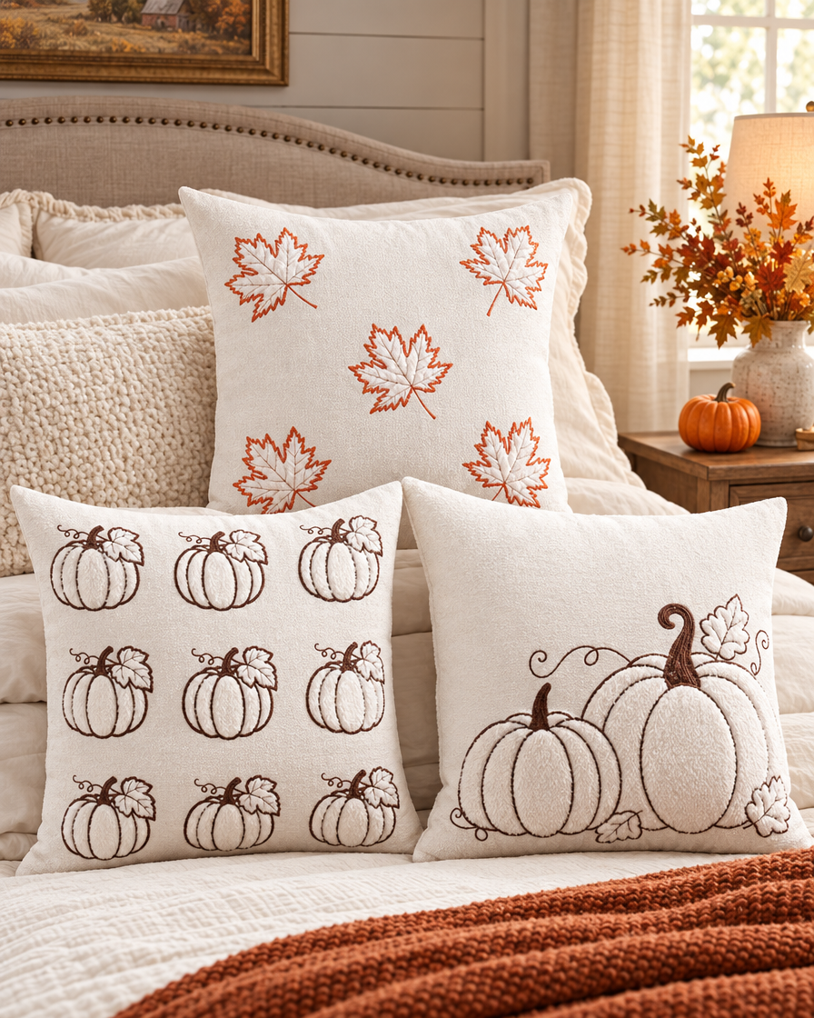 Pumpkin Maple Leaf Chenille Pillow in a cozy room