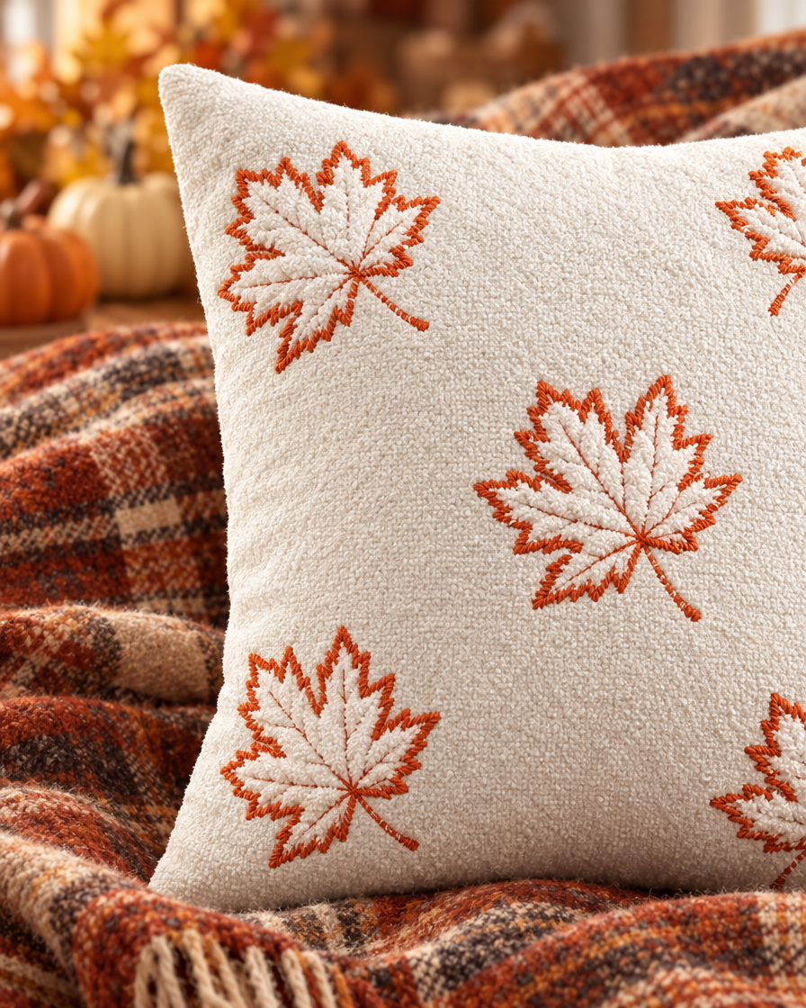 Pumpkin Maple Leaf Chenille Pillow close-up detail