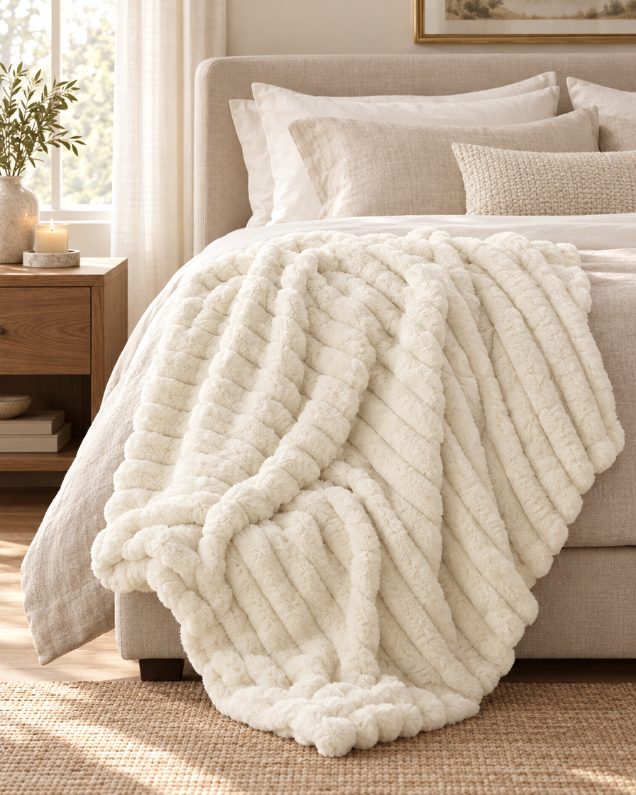 Plush Spandex Striped Blanket on a bed