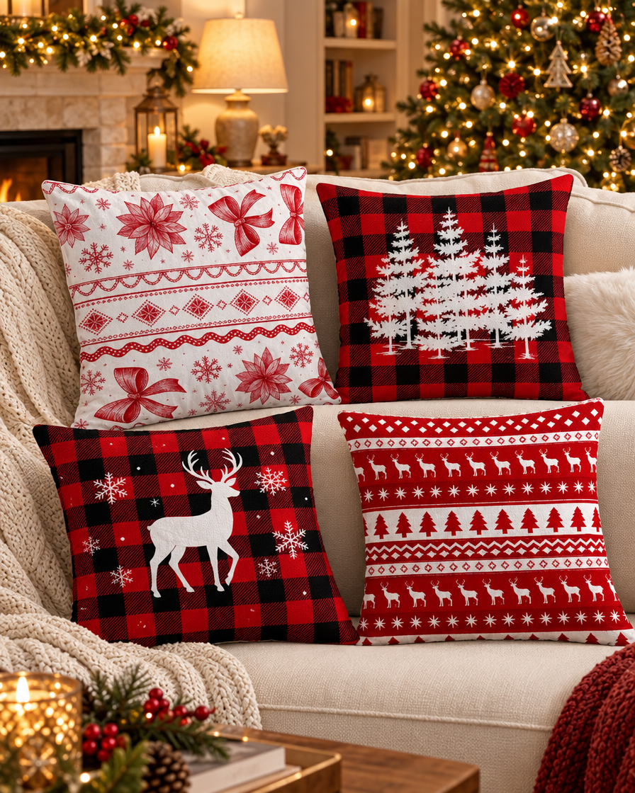 Red Black Plaid Pillow Case styled on a sofa