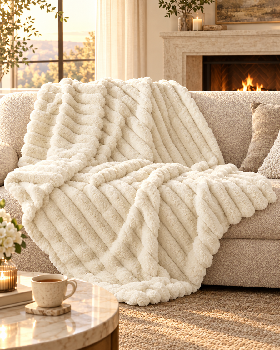 Plush Spandex Striped Blanket draped on a sofa