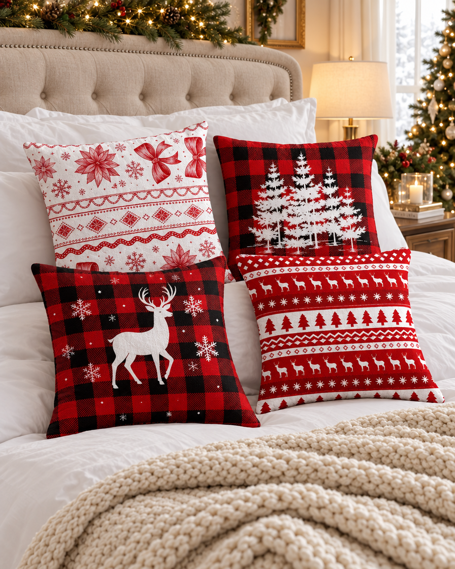 Red Black Plaid Pillow Case on a bed