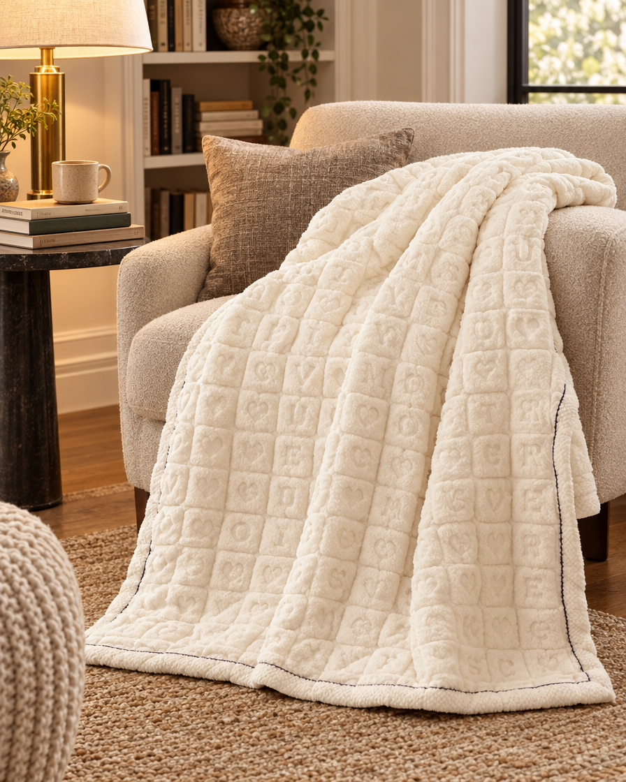 Coral Velvet Plush Winter Quilt in a reading nook