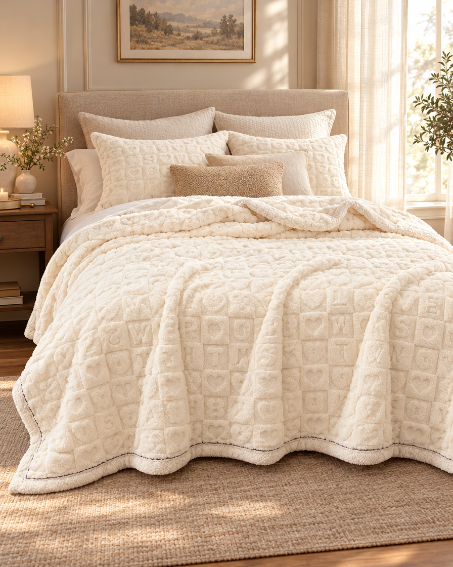 Coral Velvet Plush Winter Quilt on a bed