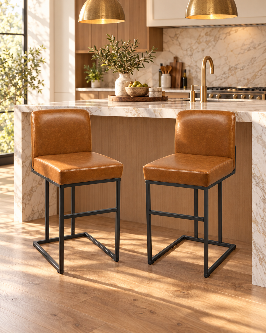 Faux Leather Counter Stools Set of 2 at a kitchen island