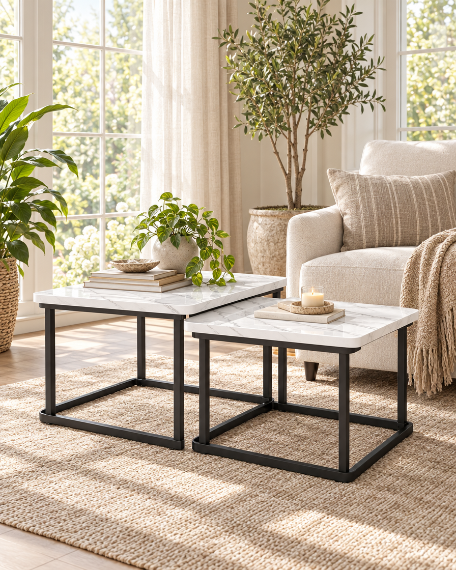 Square Fluted Nesting Tables in a sunroom