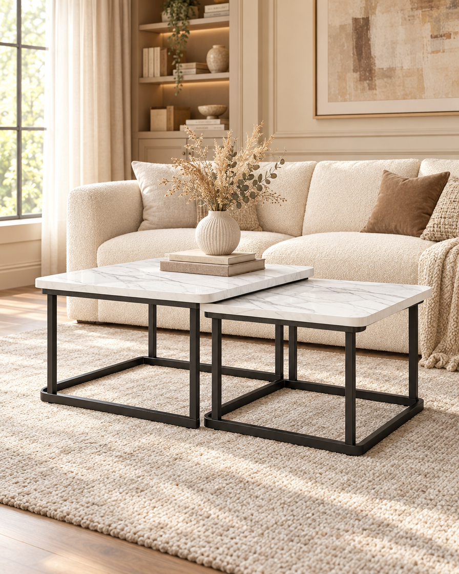 Square Fluted Nesting Tables in a living room