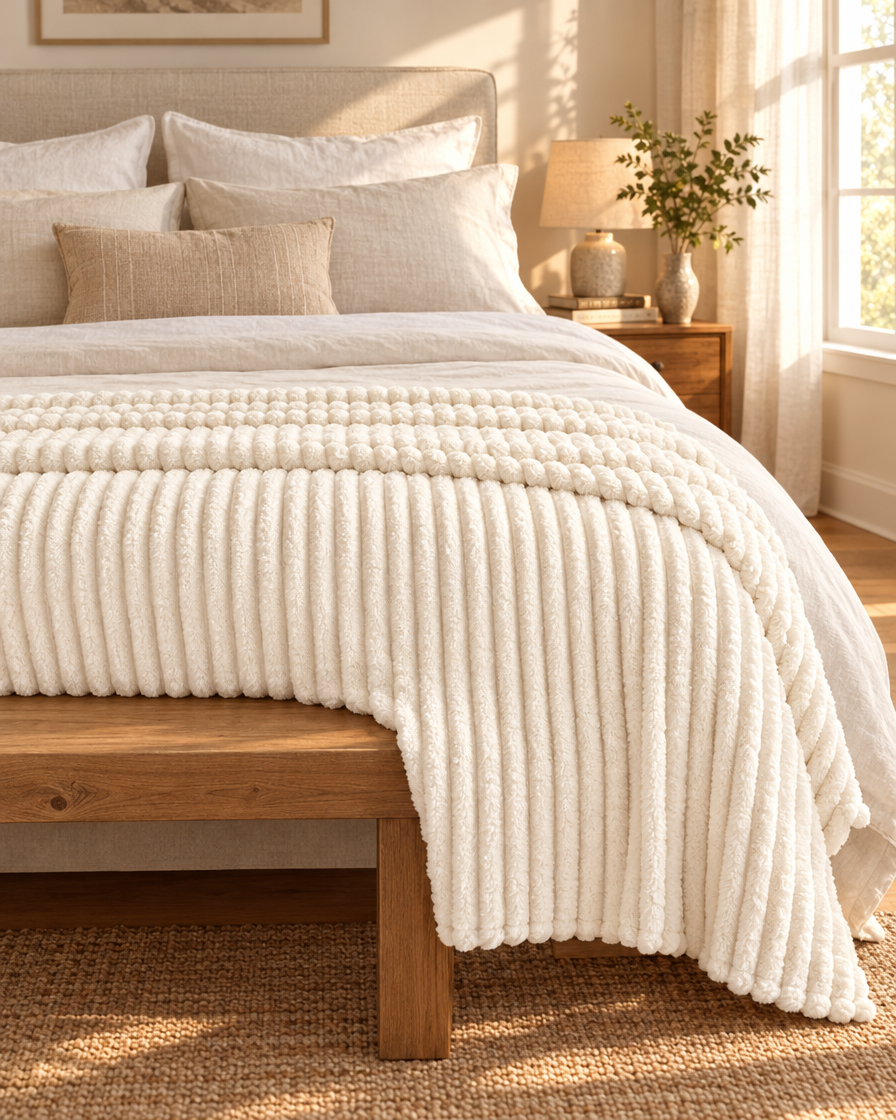 Fluffy Striped Bed Blanket on a bed
