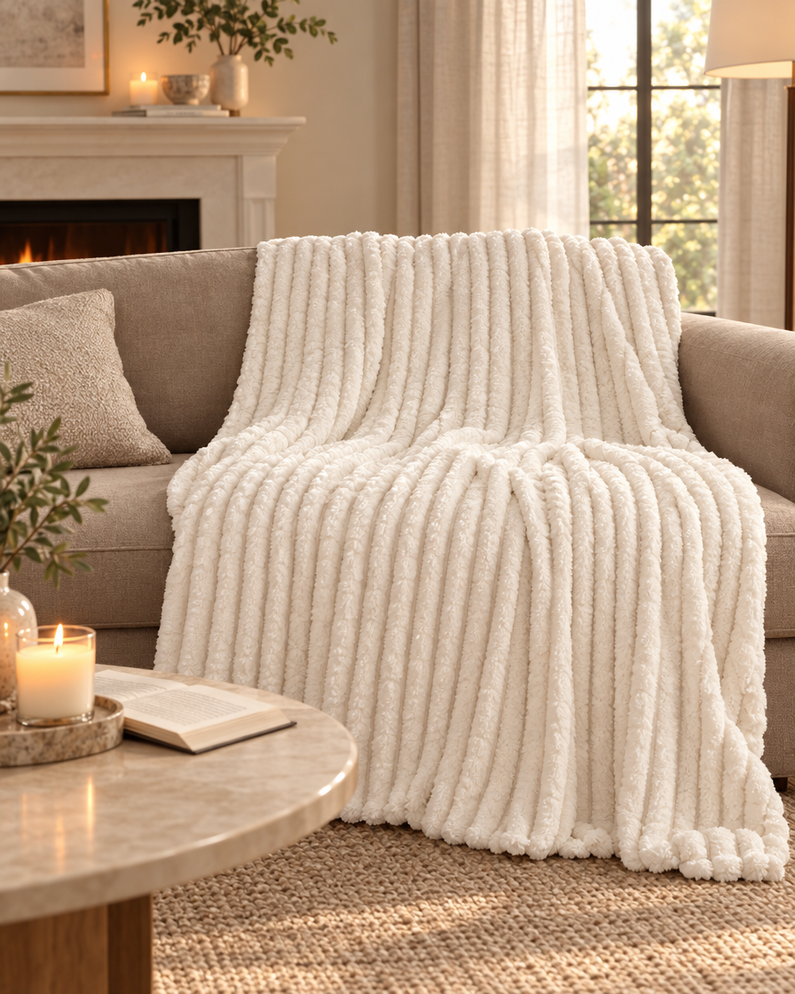 Fluffy Striped Bed Blanket on a sofa