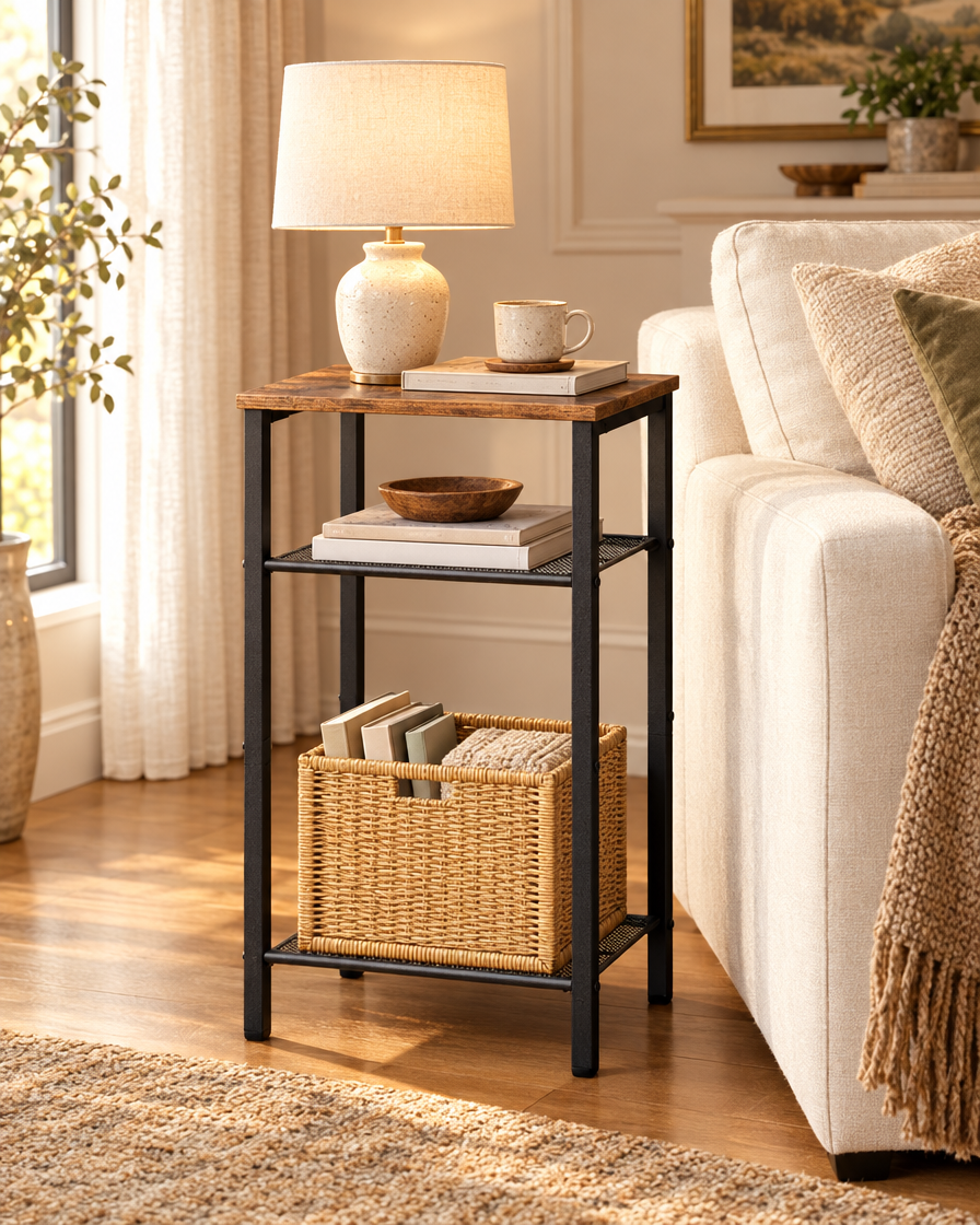 Rustic Metal Frame Side Table beside a sofa