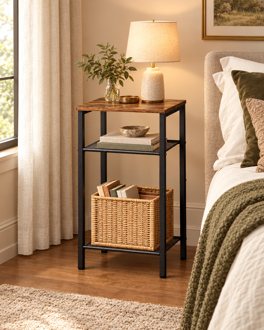 Rustic Metal Frame Side Table as a bedside table