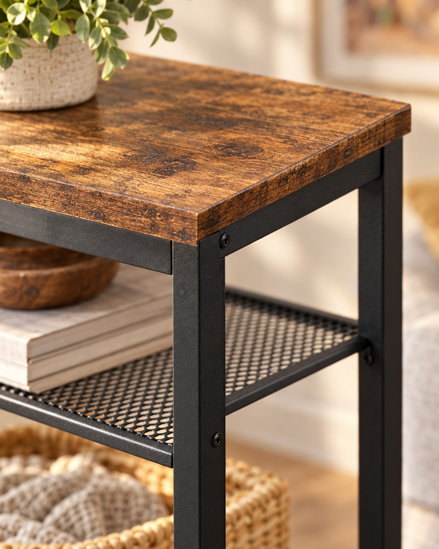Rustic Metal Frame Side Table close-up detail