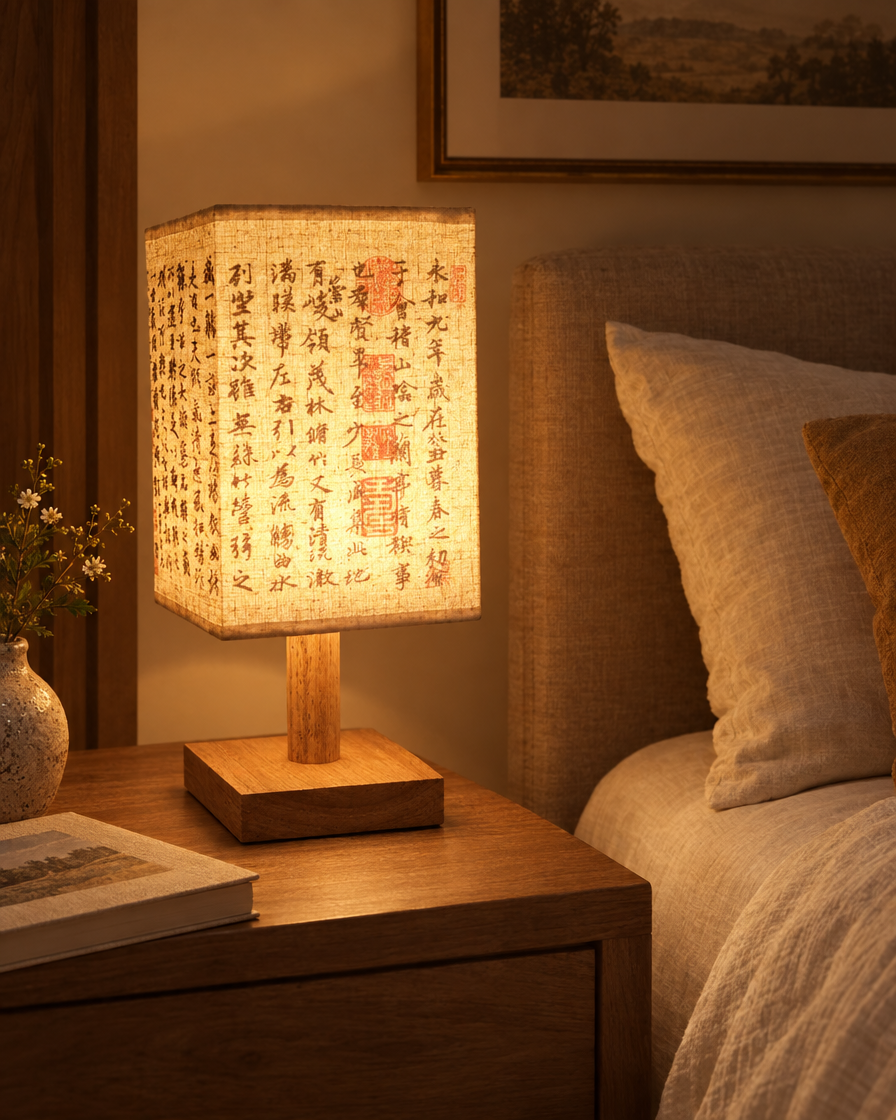 Square Fabric Bedside Lamp on a nightstand