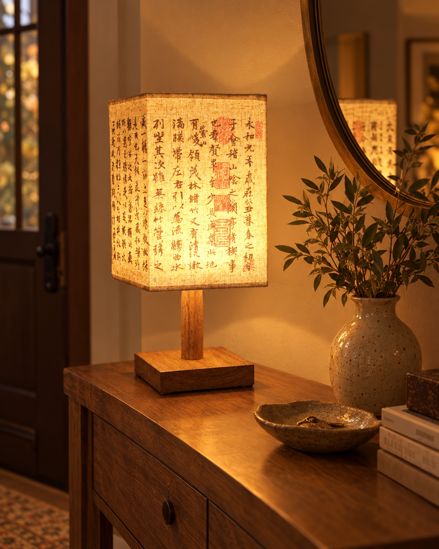 Square Fabric Bedside Lamp on a console table