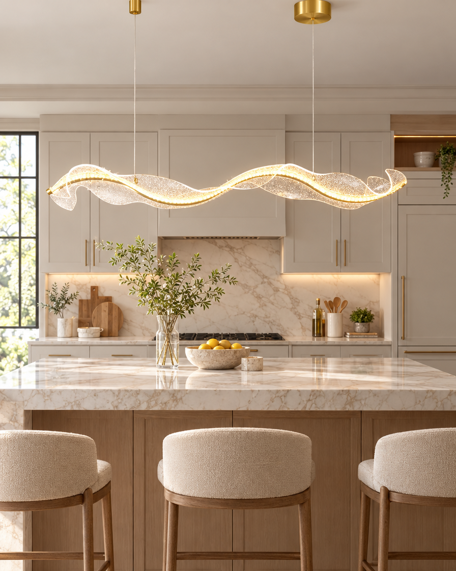 Modern LED Pendant Chandelier over a kitchen island