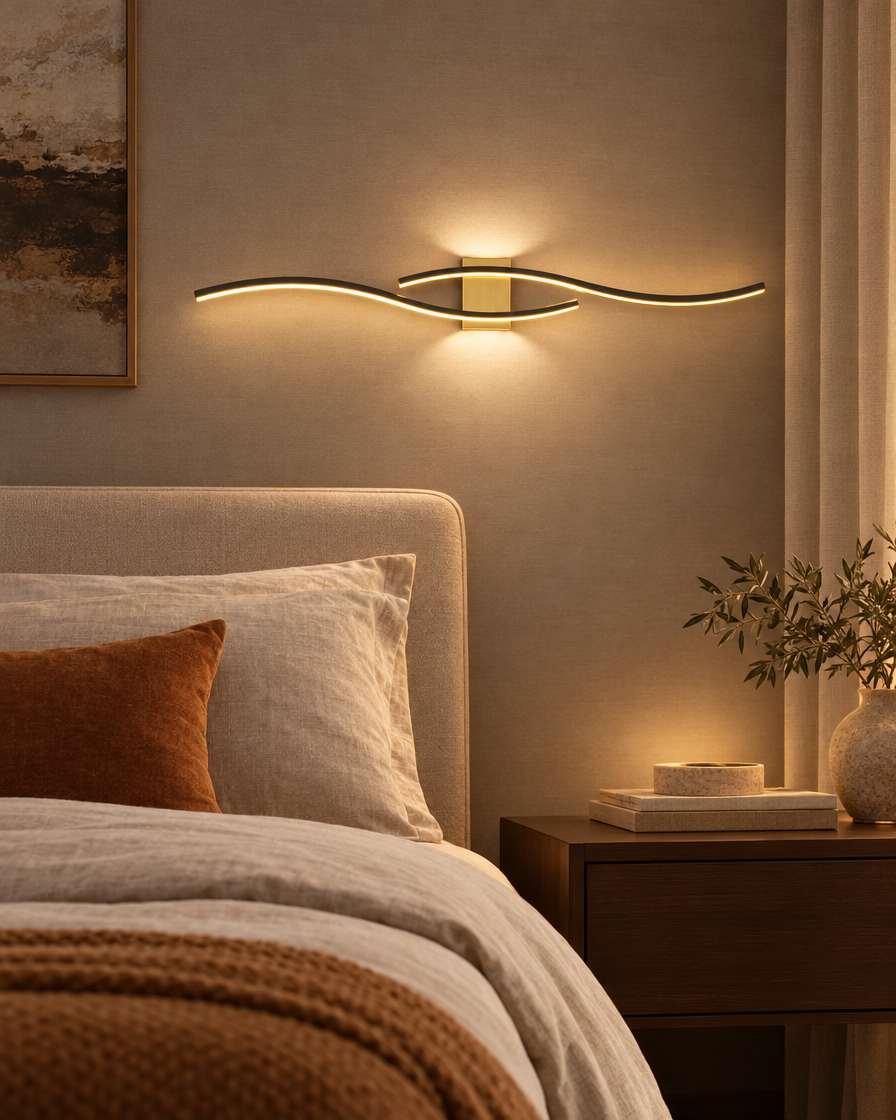 Black Gold Strip Wall Lamp in a bedroom