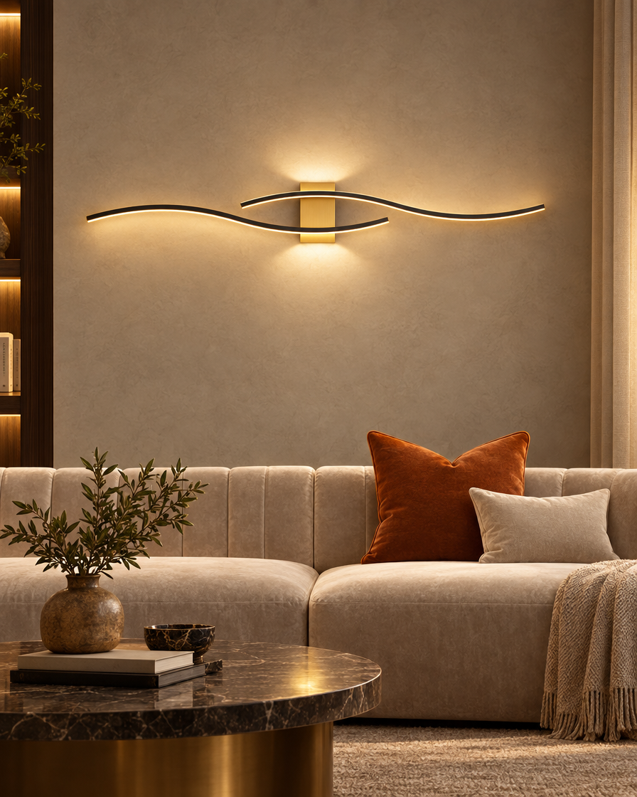 Black Gold Strip Wall Lamp above a sofa