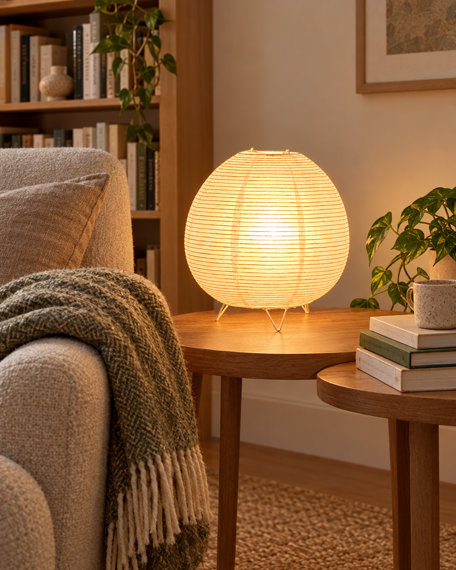 Nordic Lantern Reading Lamp in a reading corner