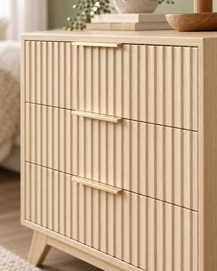 Mid-Century Oak Nightstand close-up drawers