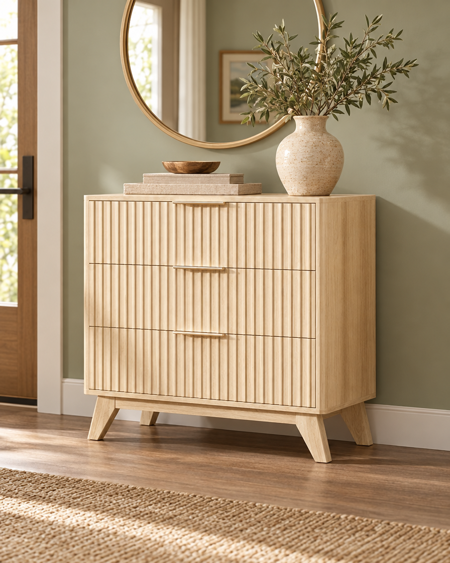 Mid-Century Oak Nightstand in an entryway