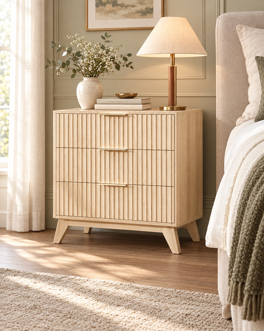 Mid-Century Oak Nightstand beside a bed