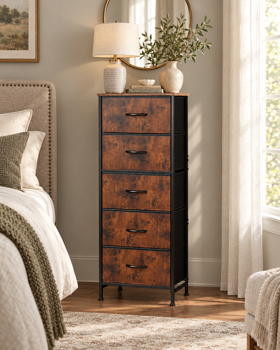 48 Inch Fabric Drawer Dresser in a bedroom