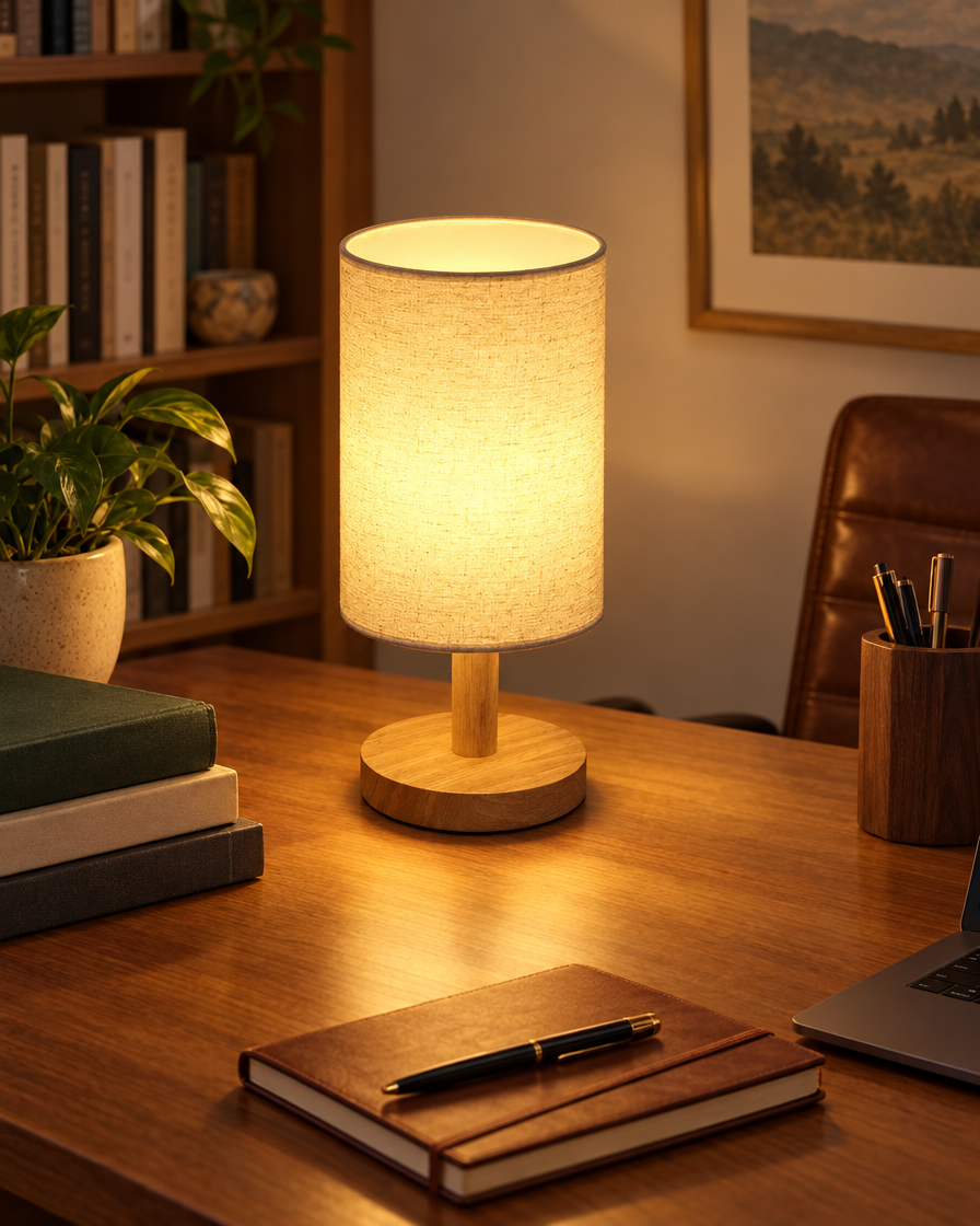 Cylinder Shade Wooden Desk Lamp on a desk