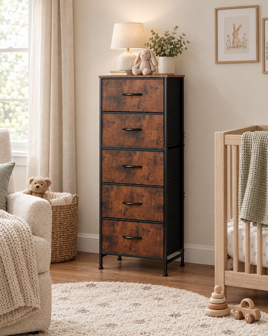 48 Inch Fabric Drawer Dresser in a guest room