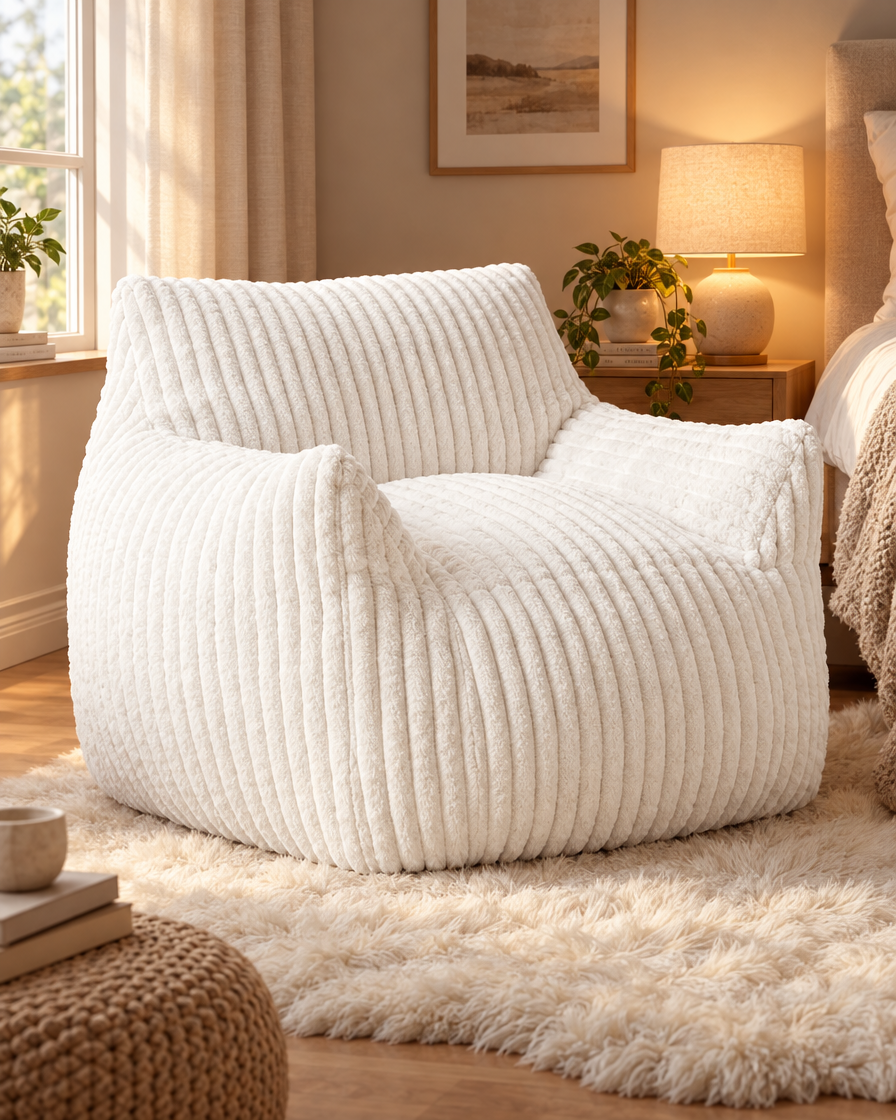 Ergonomic Corduroy Bean Bag Sofa in a reading nook
