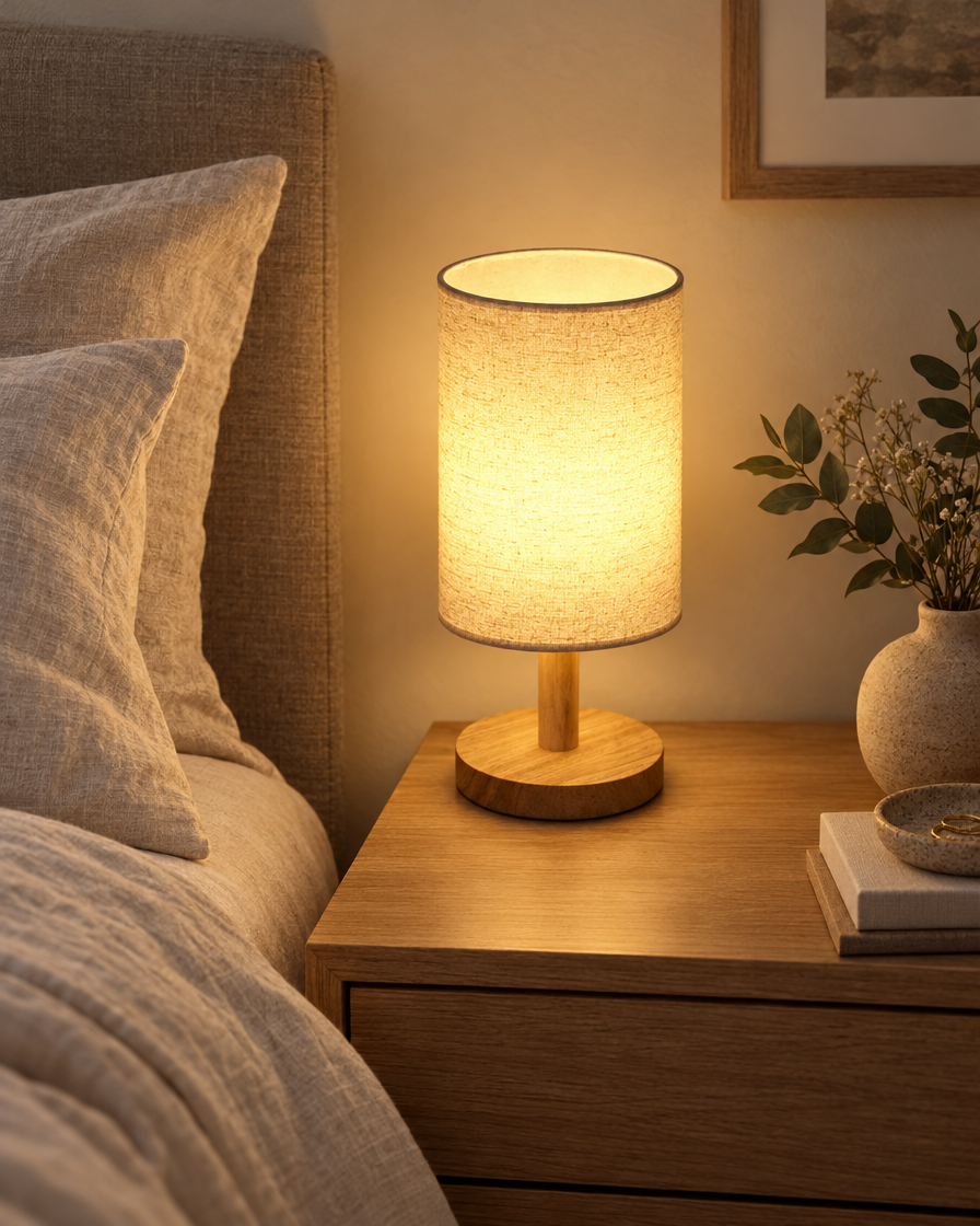 Cylinder Shade Wooden Desk Lamp on a bedside table