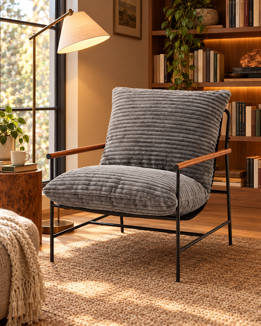 Deep Seat Corduroy Reading Chair in a reading nook