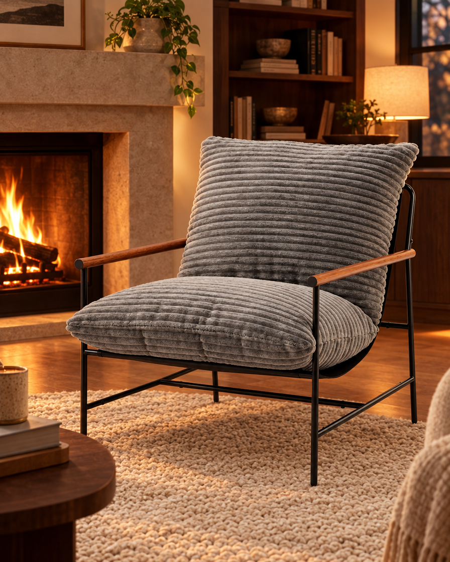 Deep Seat Corduroy Reading Chair by a fireplace