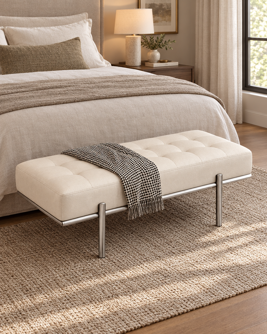 Stainless Steel Shoe Bench at the foot of a bed