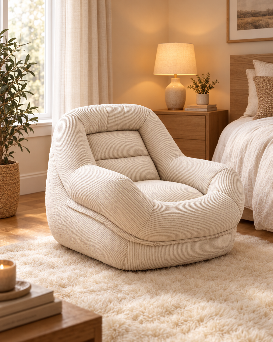 Corduroy Segmented Bean Bag Chair in a bedroom