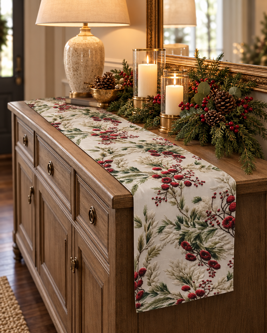 Floral Winter Table Runner on a console