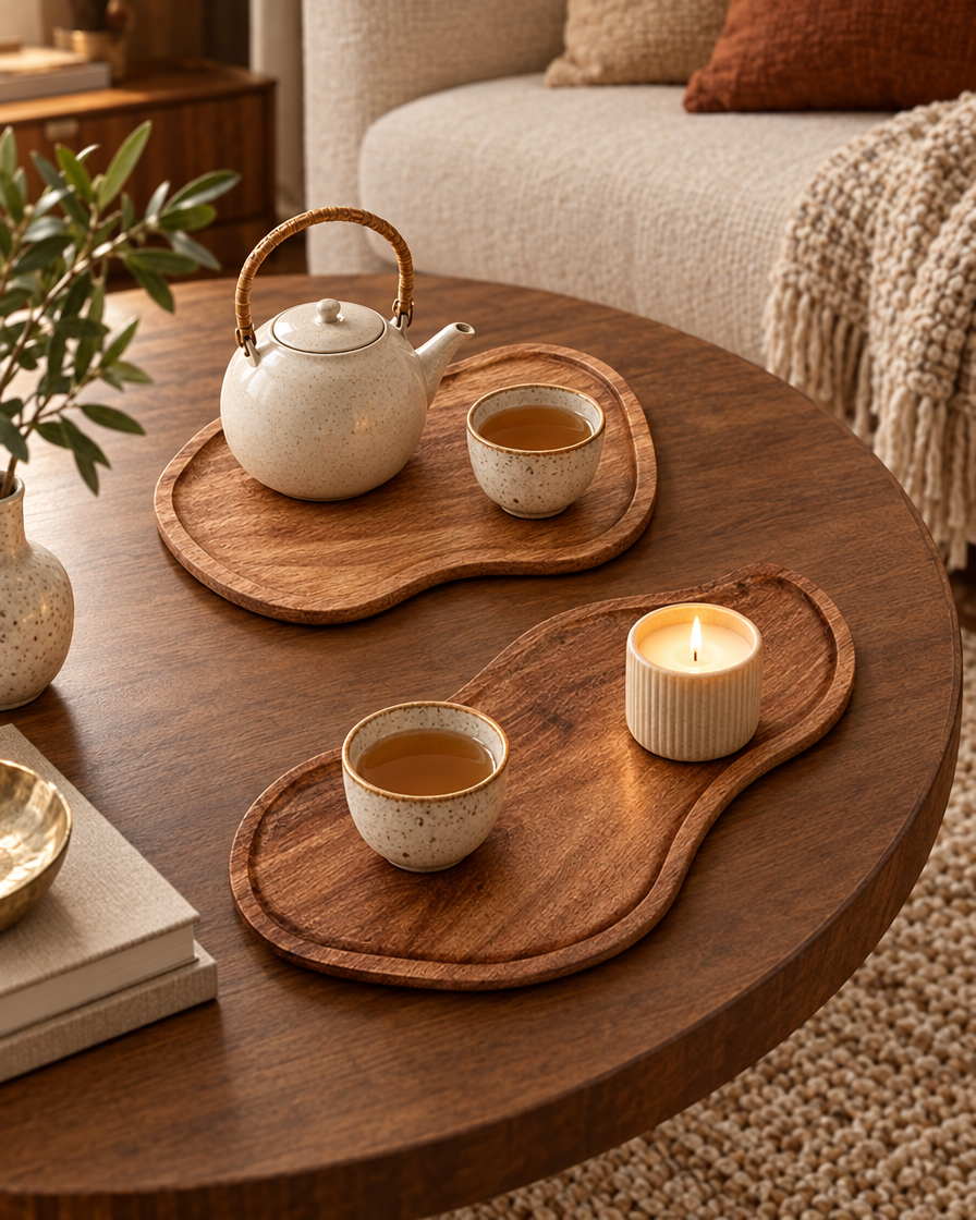Acacia Wood Kitchen Tray on a coffee table