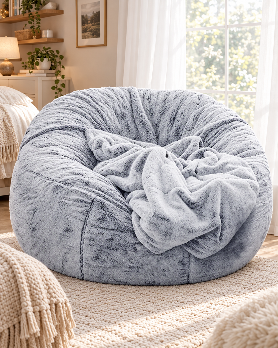 Giant Faux Fur Bean Bag in a bedroom