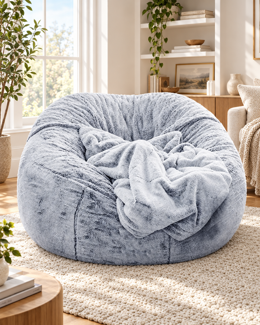 Giant Faux Fur Bean Bag in a living room